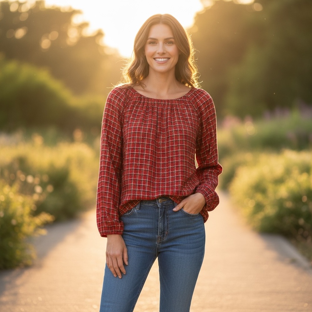 LOFT Red Checkered Blouse